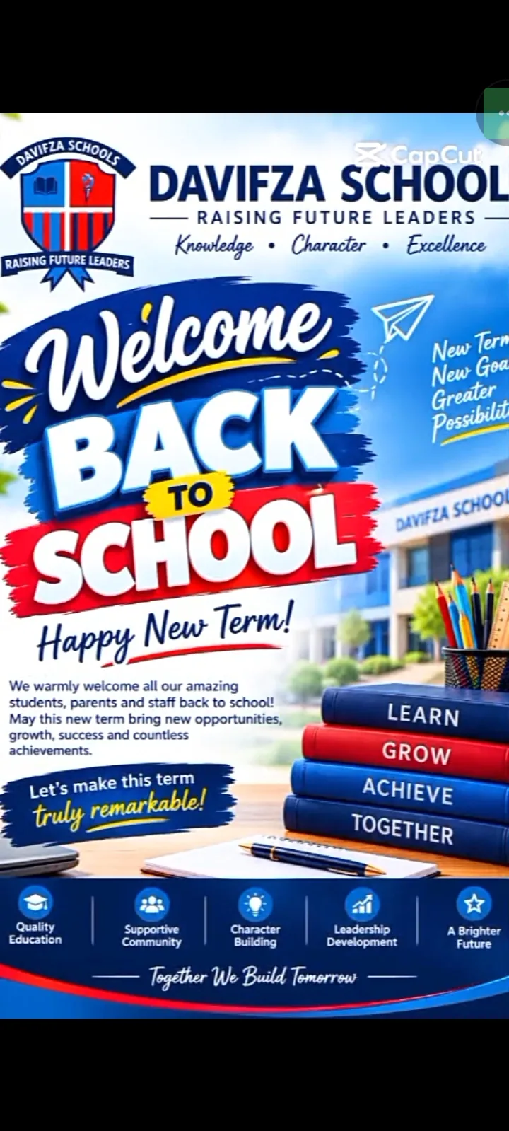Davifza Schools 'Welcome Back to School, Happy New Term!' announcement graphic